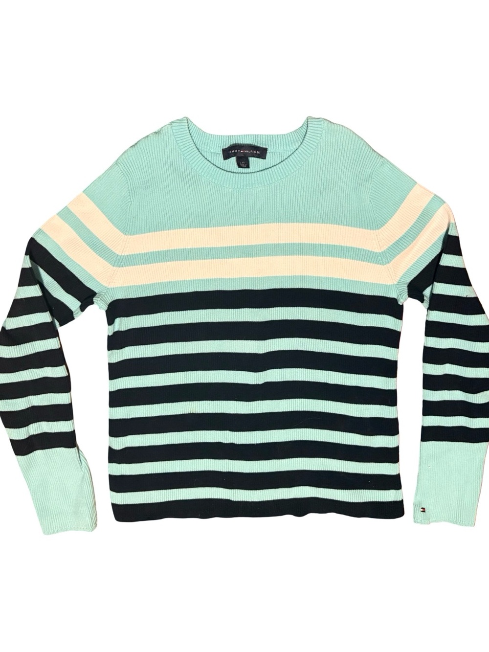 Tommy Hilfiger Mint Navy & White Striped Sweater Womens large
